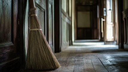 A broom leans against a weathered wall in a hallway