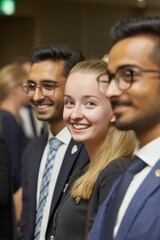 Obraz premium A photograph shows happy business professionals standing at their workplace