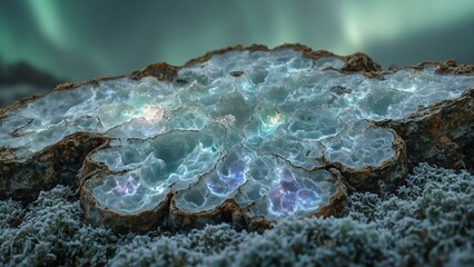 Obraz premium Petrified wood, moonstone veins, swirling patterns, jade surface, moss, aurora borealis, ethereal glow.