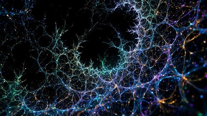 Naklejka premium Glowing spider silk threads form fractal patterns in a dark grotto; emerald, sapphire, amethyst, gold hues.