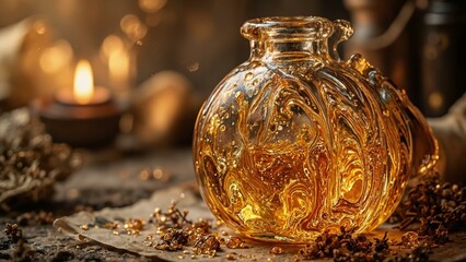Golden elixir swirls in an antique vial, lit by candlelight amidst old scrolls and dried herbs.