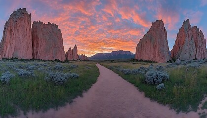 Sunrise path between towering rock formations