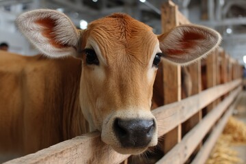 A cow is peacefully chewing cud while being milked on a dairy farm, surrounded by wooden barriers and soft lighting Generative AI
