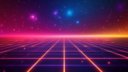 Retro futuristic grid landscape with stars, perfect for synthwave vibes