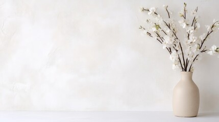 A ceramic vase with delicate white flowers on a minimalist white background, soft lighting and simple composition, and serene and elegant home decor concept.