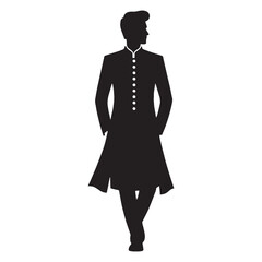 Opulent Sherwani silhouette, detailed patterns and rich texture – Sherwani illustration – Minimalist Sherwani vector – Men's dress silhouette

