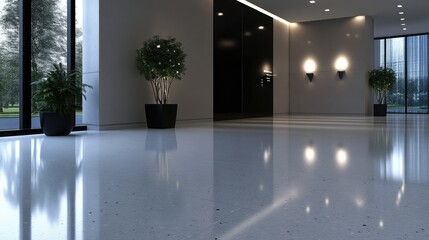 Modern, minimalist lobby with polished concrete floor.  Large windows offer views of the outdoors.  Stylish, contemporary design with plants and recessed lighting