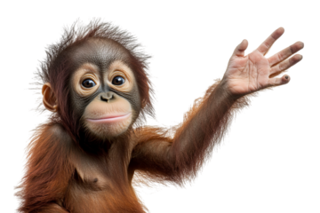 A cute baby orangutan waving cheerfully with soft fur. Isolated on transparent background