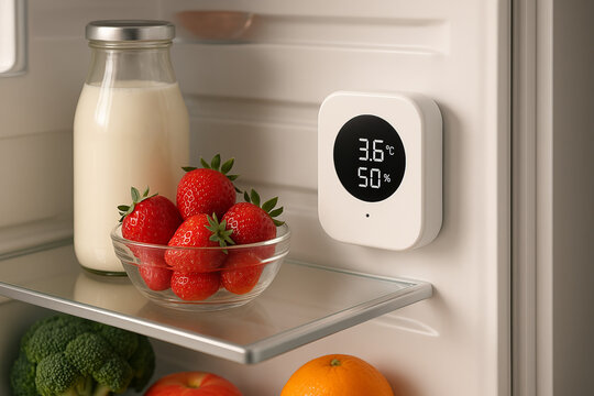 A fridge shelf displaying milk, fresh strawberries, and a digital temperature-humidity sensor ensures optimal food storage.