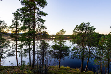A peaceful sunset over a lake in Lapland, Sweden, with the reflection of trees in the still water.