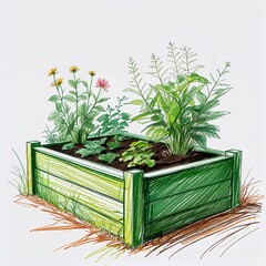 Green raised garden bed crayon childish sketch drawing on plain white background