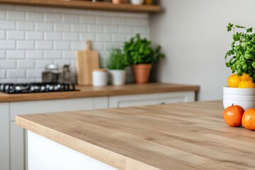 Empty wooden kitchen island countertop with fresh fruit and herbs