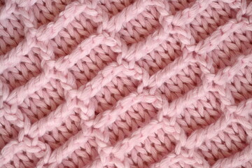 light pink texture of knitted wool fabric as a background, smooth symmetrical lines of hand-knitted needlework pattern	
