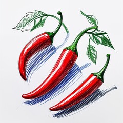Red chili pepper vegetable crayon childish sketch drawing on plain white background