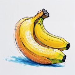 Yellow banana fruit crayon childish sketch drawing on plain white background