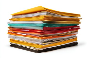 A pile of business papers and documents set against a plain white backdrop