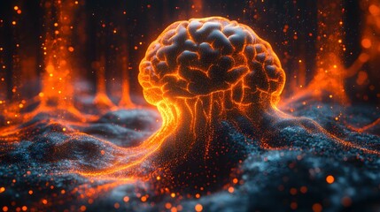 Fototapeta premium Human brain illustration with glowing connections, neural network and digital landscape concept for medical research