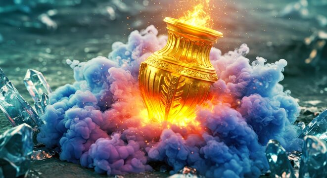 Mystical Golden Vessel Emerging Celestial Smoke Ice Fantasy Art Concept Magic Ship Space Exploration