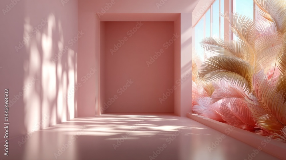 Poster this expansive studio features a captivating pink gradient that envelops the space, enhancing its se
