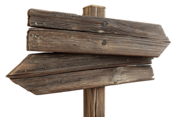 Aged Wooden Sign Post with Three Directional Arrows isolated on transparent background