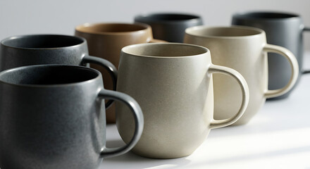 An elegant array of minimalist ceramic mugs is showcased in soft, natural ligh