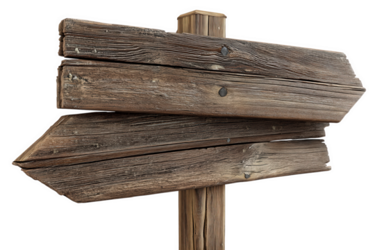 Aged Wooden Sign Post with Three Directional Arrows isolated on transparent background