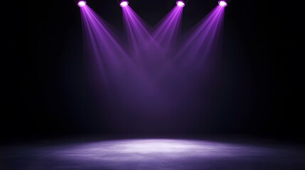 Three purple spotlights illuminate a dark, textured floor.