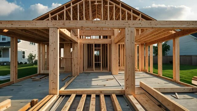 Wooden Frame of Residential House Under Construction in Suburb