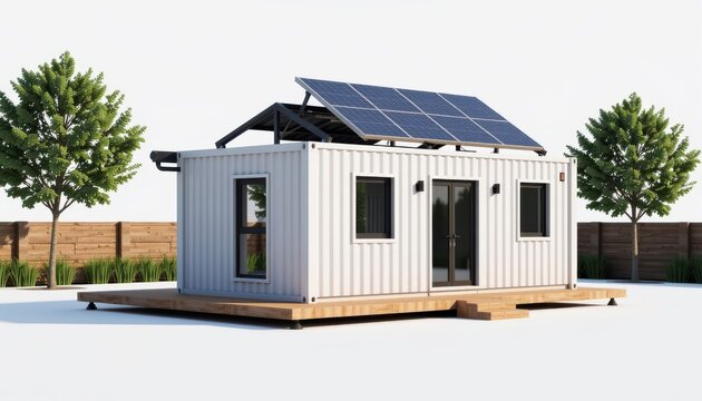 Create a high quality isolate image of a minimalist container home with solar panels mounted on the rooftop, placed centrally on a pure white background (RGB 255, 255, 255)