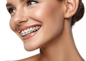 Smiling woman with braces showing teeth against a transparent background