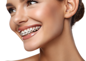 Smiling woman with braces showing teeth against a transparent background