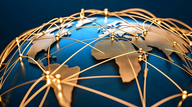 A dark blue globe textured with gold, interconnected by glowing gold lines representing global networks.