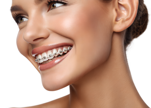 Smiling woman with braces showing teeth against a transparent background