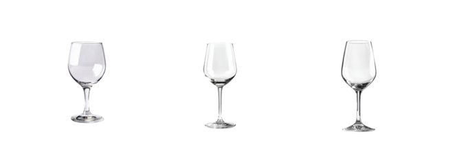 Three Different Types of Empty Glasses on White Background