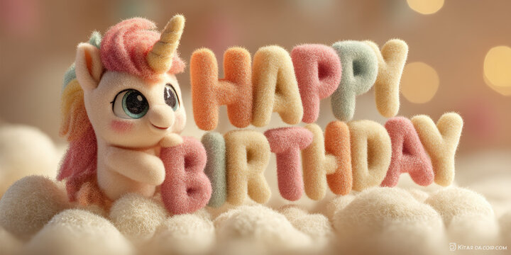 A detailed illustration of fluffy unicorn birthday greeting scene, ideal for creative, commercial, or editorial purposes.