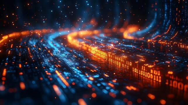 Abstract data stream visualization with glowing binary code flowing through circuit pathways, orange and blue hues, dark futuristic theme