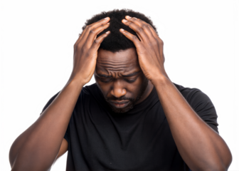 Man holding head experiencing stress indoors with transparent background
