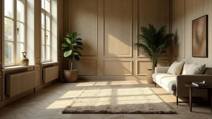 Fototapeta premium Serene Living Room with Warm Wood Paneling, Plush Rug, and Natural Light