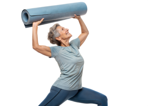 Elderly woman exercising with yoga mat in a bright setting