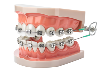 Realistic dental model demonstrating braces and orthodontic structure