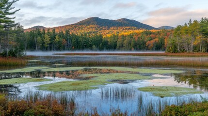 A scenic autumn lake view featuring trees and a mountain in the background