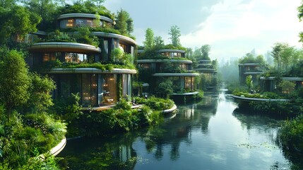 Eco-Friendly Condominiums with Green Roofs Overlooking Waterway; Sustainable Urban Living with Lush Vegetation and Modern Architecture