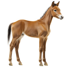 Young brown foal standing alert, full body side view, isolated on transparent background, no shadow, detailed animal cutout.