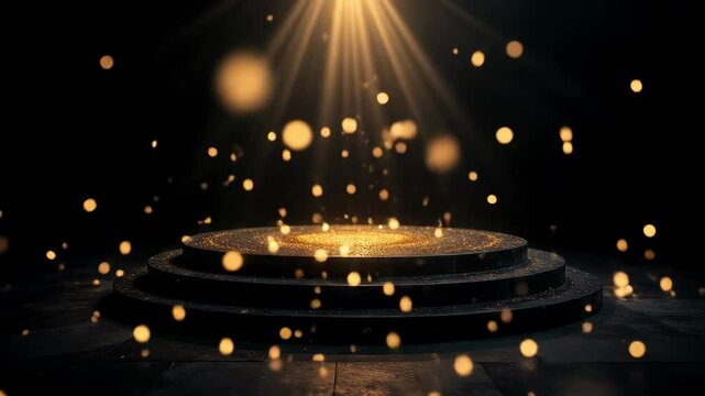 Luxury Award Podium Showcase: Dark stage spotlight illuminates falling gold particles. Ideal presentation background for product reveal or winner celebration.