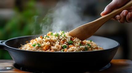 a person stirring rice into a skill skill