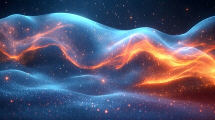 Obraz premium Abstract Glowing Wave Pattern with Sparkles and a Dark Cosmic Backdrop - Energy Flow and Dynamic Motion Visual