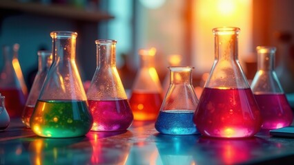 Illuminated Erlenmeyer Flasks Filled with Vibrant Hues, Reflecting Light on a Polished Surface