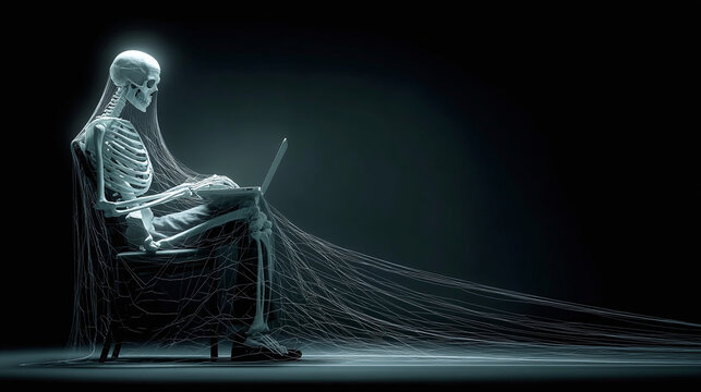 Skeleton is sitting at a computer and using a laptop. The skeleton is wearing a spider web and he is typing on the laptop. The scene is eerie and unsettling