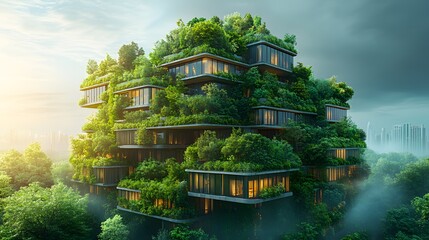 Obraz premium Eco-Friendly Modern Architecture Enveloped in Lush Greenery, High-Rise Apartment with Gardens & Verdant Vegetation, Future Living