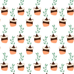 Clay vases with plants. Seamless Pattern. Minimalistic trendy style. Leaves, Palm leaves. Decorative, antique pottery vase. Scandinavian art with vases. Background